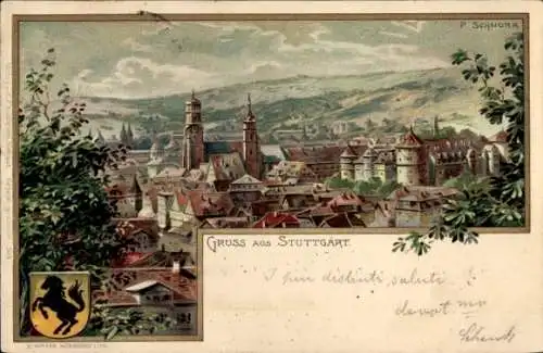 Künstler Litho Schnorr, P., Stuttgart in Baden Württemberg, Stadtpanorama, Wappen