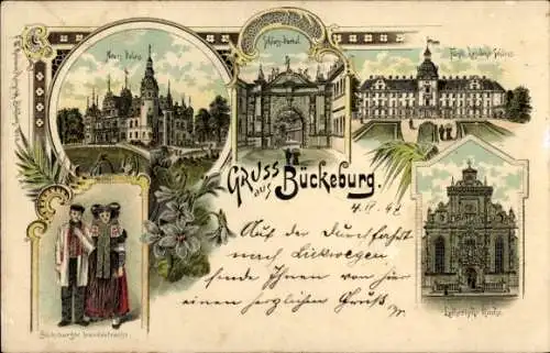 Litho Bückeburg im Kreis Schaumburg, Schlossportal, Tracht, Lutherische Kirche
