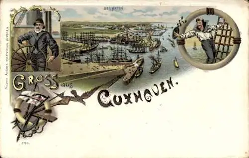 Litho Cuxhaven in Niedersachsen, Hafenpanorama, Fahne Kaiserreich, Steuermann, Matrose