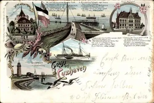 Litho Cuxhaven in Niedersachsen, Postamt, Leuchtturm, Schloss Ritzebüttel, Alte Liebe