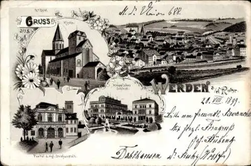 Litho Werden Essen im Ruhrgebiet, Stadtansichten, Kirche, Panorama, Schloss, Strafanstalt