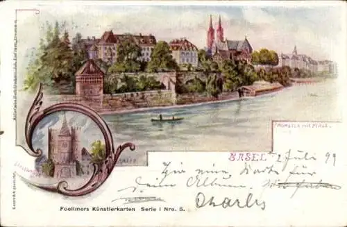 Litho Basel Bâle Stadt Schweiz, Gesamtansicht, Münster, Tor