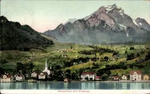 Ak Hergiswil Kt Nidwalden, Gesamtansicht, Pilatus