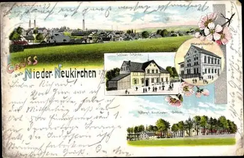 Litho Nieder Neukirchen im Erzgebirge, Gasthof, Schloss-Schänke, Totalansicht, Rittergut