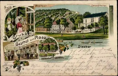 Litho Diesbar Seußlitz Nünchritz an der Elbe, Gasthof zum Ross