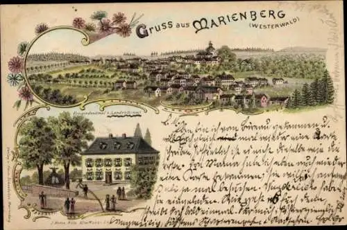 Litho Bad Marienberg im Westerwald, Landratsamt, Kriegerdenkmal, Totalansicht