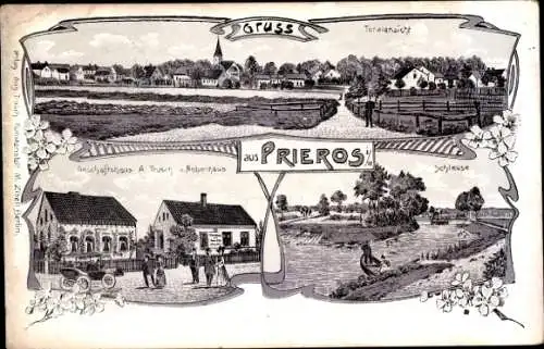 Litho Prieros in der Mark, Geschäftshaus, Schleuse, Totalansicht