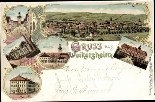 Litho Weikersheim in Tauberfranken Württemberg, Schloss, Gasthof zur Krone, Orangerie