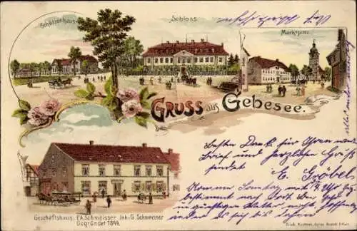 Litho Gebesee in Thüringen, Marktplatz, Schloss, Geschäftshaus Schmeisser, Schützenhaus