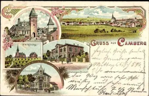 Litho Bad Camberg in Hessen, Gesamtansicht, Obertor, Evangelische Kirche, Taubstummen Anstalt