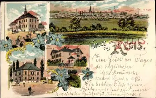 Litho Regis in Sachsen, Rathaus, Villa, Postamt, Totalansicht