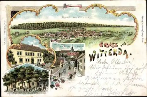 Litho Witterda in Thüringen, Dorfstraße, Kirche, Pfarre, Gasthaus