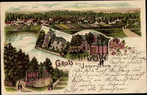 Litho Ingersleben in Thüringen, Villa, Felsenkeller, Gartenlokal, Blick auf den Ort