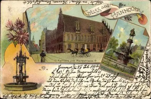 Litho Hannover in Niedersachsen, Rathaus, Marktstraße, Holzmarkt Brunnen, Gutenberg-Brunnen