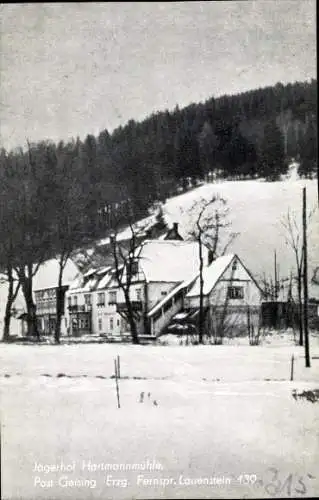Ak Geising Altenberg Erzgebirge, Jägerhof Hartmannmühle, Außenansicht, Schneelandschaft