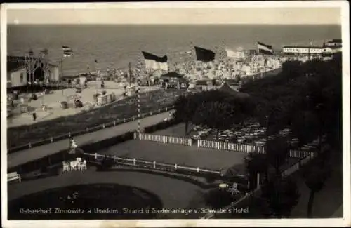 Ak Ostseebad Zinnowitz auf Usedom, Strand, Gartenanlage, Schwabes Hotel