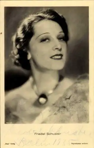 Ak Schauspielerin Friedel Schuster, Portrait, Autogramm, Halskette