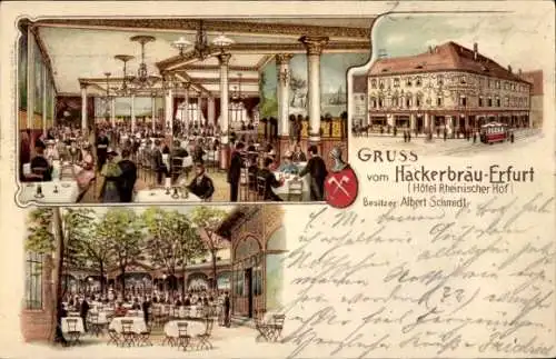 Litho Erfurt in Thüringen, Hackerbräu, Hotel Rheinischer Hof, Inh. Albert Schmidt