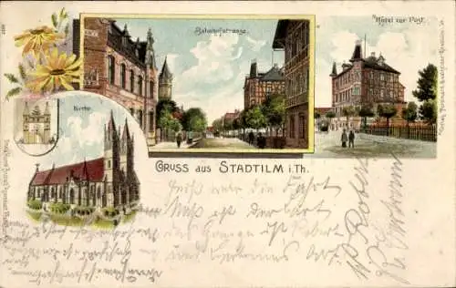 Litho Stadtilm in Thüringen, Bahnhofstraße, Hotel zur Post, Kirche