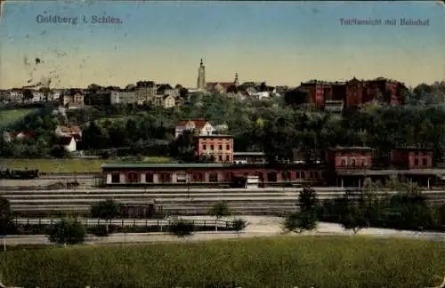 Ak Złotoryja Goldberg Schlesien, Gesamtansicht, Bahnhof