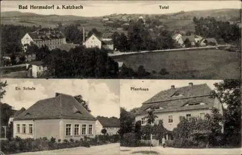 Ak Jerzmanice Zdrój Bad Hermsdorf an der Katzbach Niederschlesien, Panorama, Schule, Pfarrhaus
