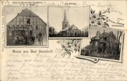 Ak Bad Nenndorf an der Weser, Manufacturwaren-Handlung C. H. Bock, Villa Vehling, Kirche
