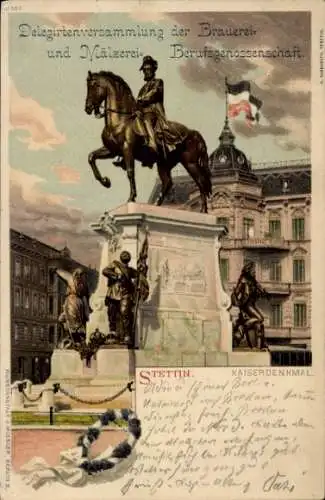Litho Stettin Pommern, Partie am Kaiser Denkmal mit Umgebung