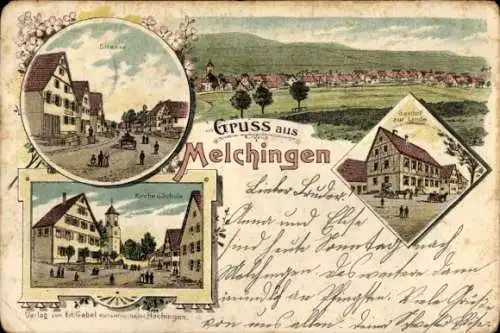 Litho Melchingen Burladingen in der Schwäbischen Alb, Gasthof zur Linde, Kirche, Schule