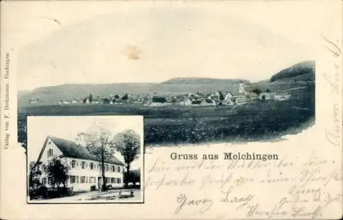 Ak Melchingen Burladingen im Zollernalbkreis, Totalansicht vom Ort, Gasthof W. Grässle