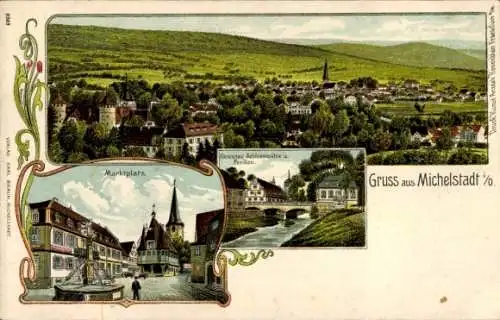 Litho Michelstadt im Odenwald, Marktplatz, Totalansicht, Fürstenau Schlossmühle