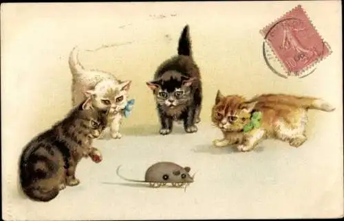 Litho Vier junge Katzen beobachten eine Aufziehmaus