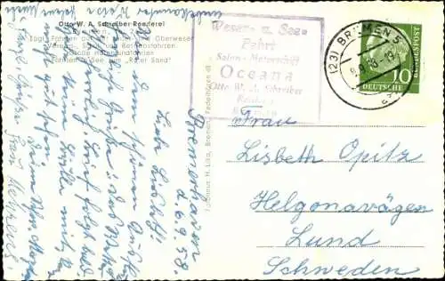 Ak Roter Sand Leuchtturm, MS Oceana, Reederei Otto W. A. Schreiber