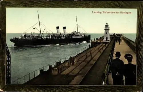 Ak Folkestone Kent England, Fährschiff nach Boulogne, Leuchtturm
