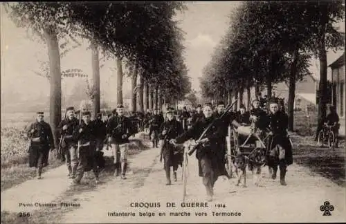 Ak-Kriegsskizze 1914, belgische Infanterie marschiert in Richtung Dendermonde