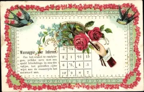 Präge Ak Weibliche Hand, Zahlen, Rosen, Schwalben, Vergissmeinnicht