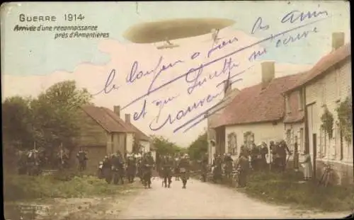 Ak-Krieg 1914, Ankunft eines Aufklärungsflugzeugs in der Nähe von Armentieres