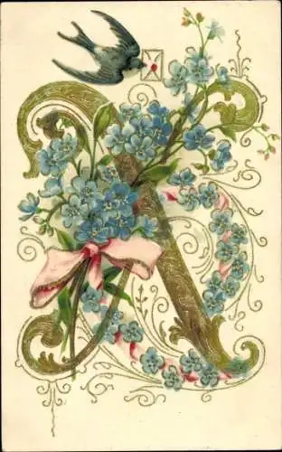 Präge Buchstaben Litho Buchstabe X, Schwalbe, Vergissmeinnicht