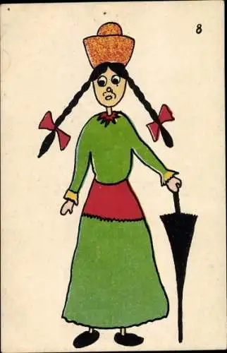 Ak Mädchen mit schwarzen Zöpfen, Portrait, Regenschirm, Grünes Kleid