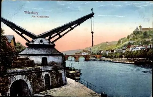 Ak Würzburg am Main Unterfranken, Krahnentor, Brücke, Panorama