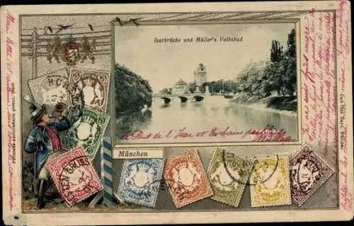 Passepartout Ak München, Isarbrücke, Müllers Volksbad, Wappen