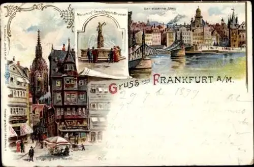 Litho Frankfurt am Main, Eingang zum Markt, Gerechtigkeitsbrunnen, Eiserner Steg