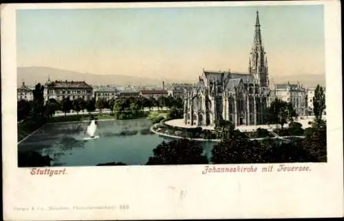 Ak Stuttgart in Württemberg, Johanneskirche, Feuersee, Springbrunnen