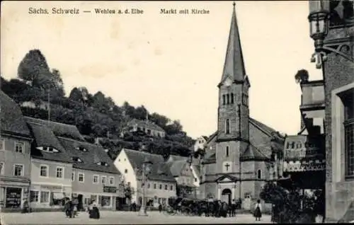 Ak Wehlen an der Elbe Sachsen, Markt mit Kirche, Bäckerei, Hotel, Geschäfte