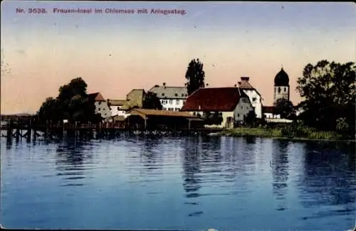 Ak Fraueninsel Chiemsee Oberbayern, Teilansicht, Kirchturm, Anlegesteg