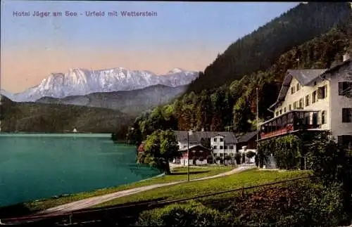 Ak Urfeld Kochel am See Oberbayern, Hotel Jäger am See, Wetterstein