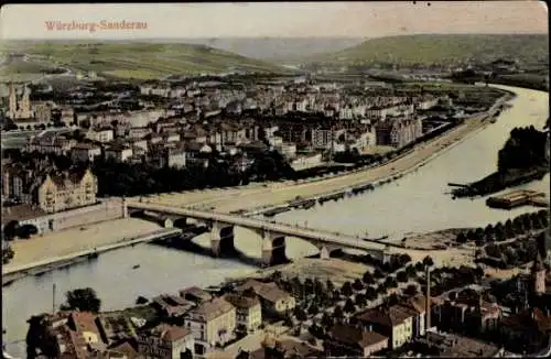 Ak Sanderau Würzburg am Main Unterfranken, Gesamtansicht, Brücke