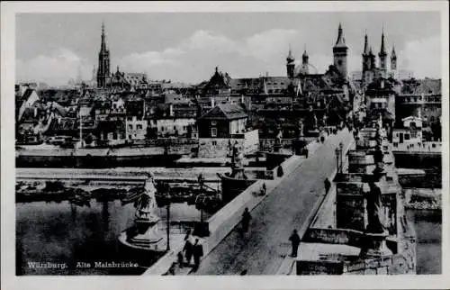Ak Würzburg am Main Unterfranken, Alte Mainbrücke, Teilansicht, Kirchtürme