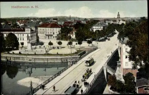 Ak Heilbronn am Neckar, Teilansicht, Brücke, Straßenbahn, Fuhrwerk