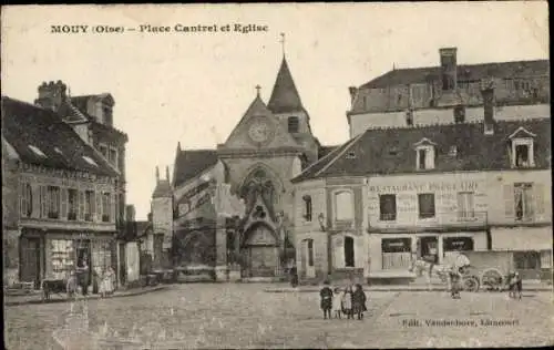 Ak Mouy Oise, Place Cantrel et Eglise