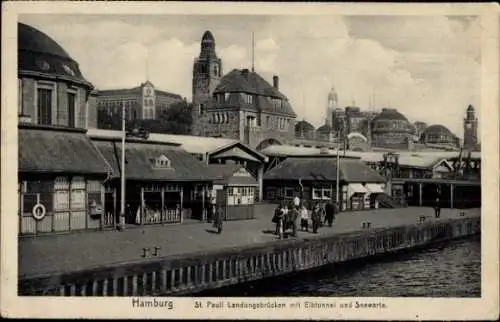 Ak Hamburg Mitte St. Pauli, Landungsbrücken mit Elbtunnel und Seewarte
